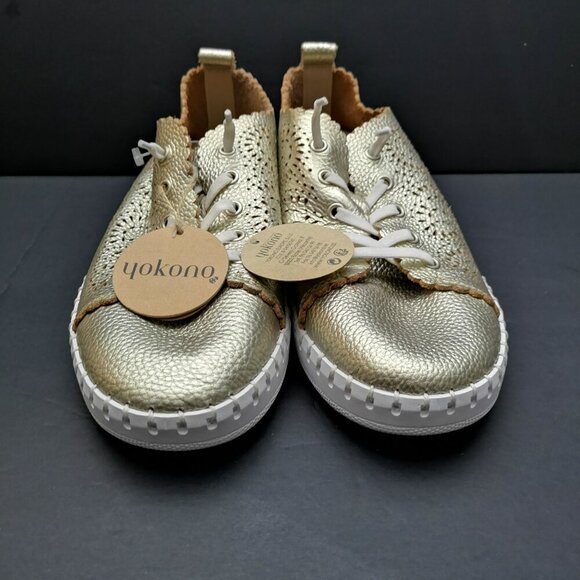 NWT Yokono Spain Ladies Size 40 (approx. 9 US) Gold Tone Leather Upper Sneakers - Picture 7 of 9